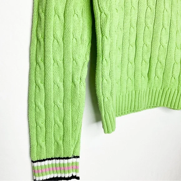 VINTAGE Preppy Lime Green Cable-Knit V-Neck Sweater with Striped Trim - Picture 9 of 11